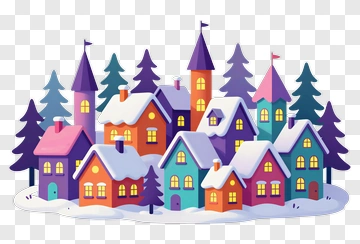 Colorful Winter Village With Snow-Covered Houses PNG