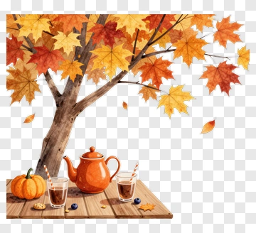 Autumn Scene With Pumpkin And Teapot Under A Maple Tree PNG