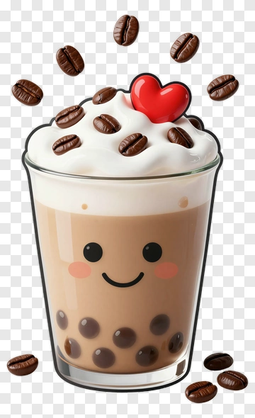 Cute Bubble Tea With Coffee Beans And Heart PNG