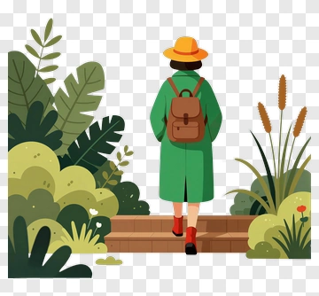 Woman Walking In A Green Coat With Backpack PNG