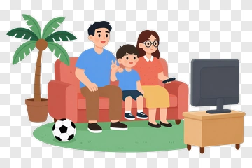 Cartoon Family Watching Tv In Living Room PNG