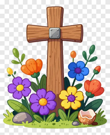 Colorful Floral Arrangement Around A Wooden Cross PNG