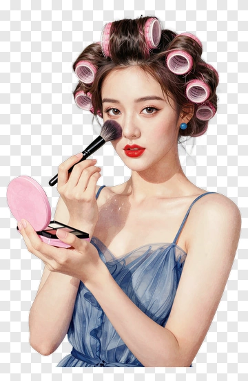 Woman Applying Makeup With Curlers In Hair PNG