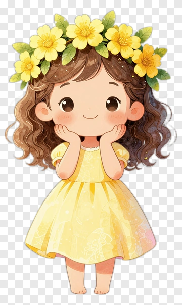 Cartoon Girl In Yellow Dress With Flower Crown PNG