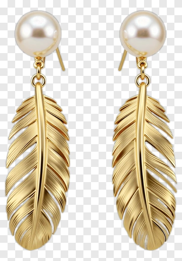 Gold Feather Earrings With Pearl Accents PNG