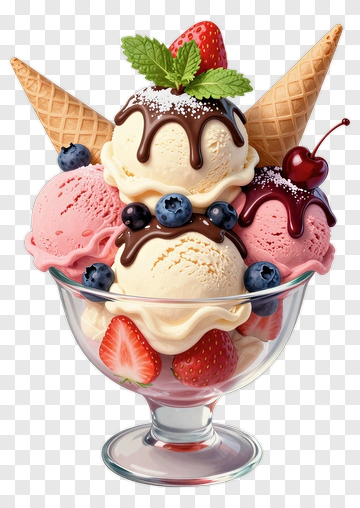 Delicious Ice Cream Sundae With Strawberries And Blueberries PNG