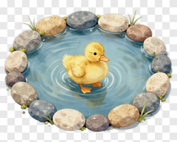 Cute Duckling Swimming In A Pond Surrounded By Stones PNG