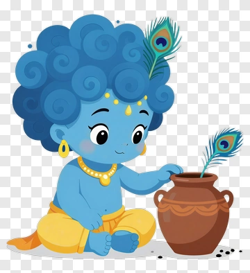 Cartoon Baby Krishna With Pot And Peacock Feather PNG