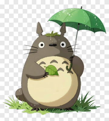 Cartoon Totoro Holding A Green Umbrella PNG