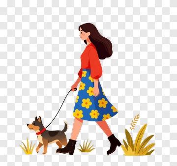 Woman Walking A Dog In A Flower Skirt PNG