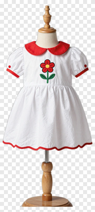 White Dress With Red Collar And Flower Embroidery PNG