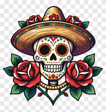 Colorful Sugar Skull With Roses And Sombrero PNG