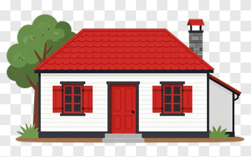 Cartoon House With Red Roof And Green Tree PNG