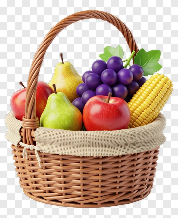 Fruit Basket With Apples, Pears, Grapes, And Corn PNG