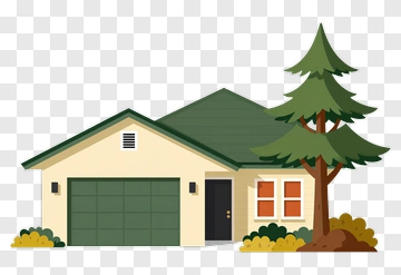 House With Pine Tree And Bushes PNG