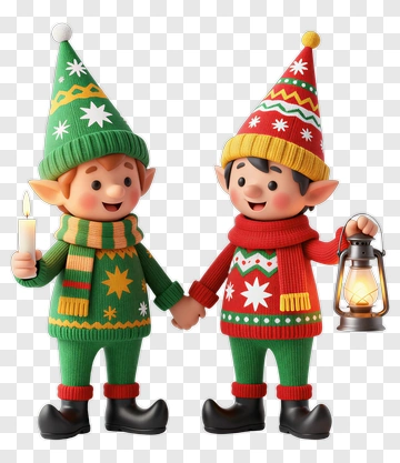 Colorful Christmas Elves Holding A Lantern And Candle PNG
