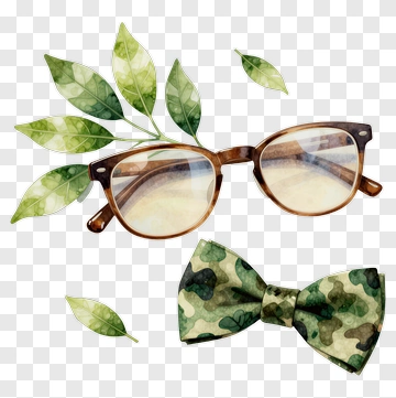 Watercolor Glasses And Camo Bow Tie With Leaves PNG