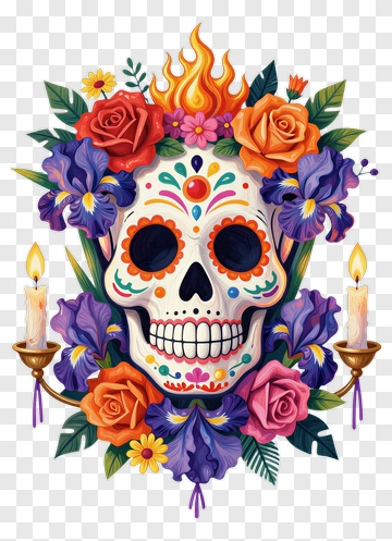 Colorful Sugar Skull Surrounded By Flowers PNG