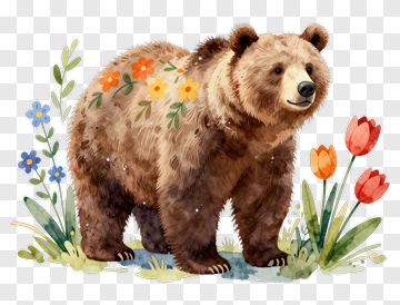 Watercolor Bear Surrounded By Flowers PNG