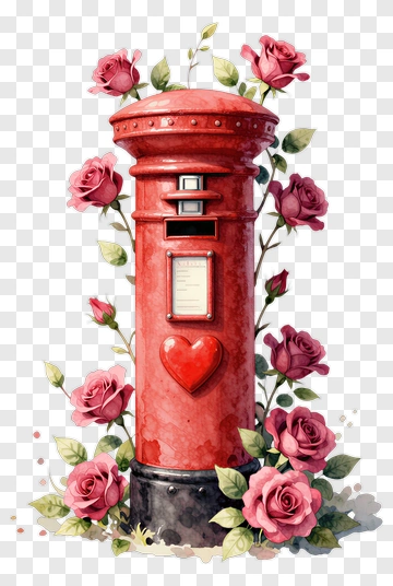 Red Post Box Surrounded By Pink Roses PNG