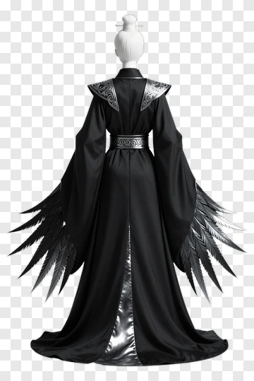 Elegant Figure In Black Robe With Feathered Wings PNG
