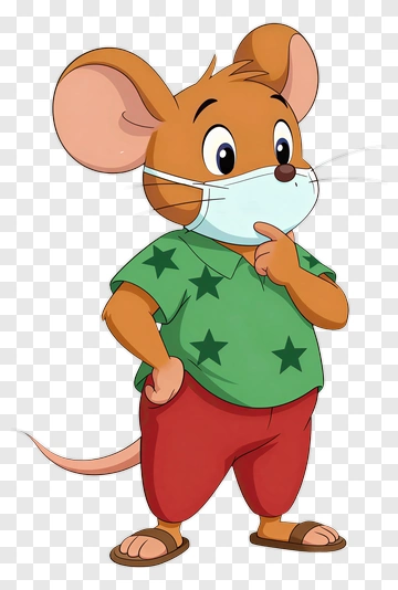 Cartoon Mouse Wearing A Mask And Green Star Shirt PNG