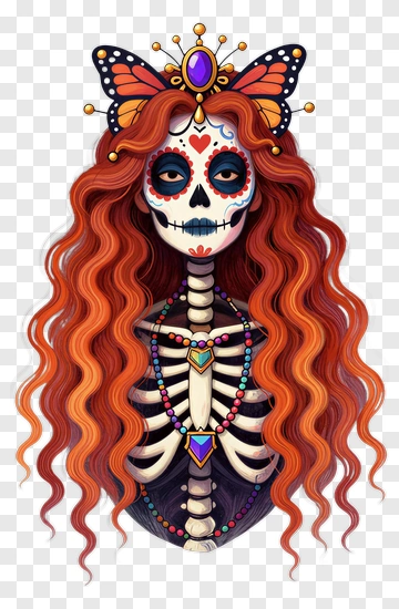 Colorful Skeleton Woman With Butterfly Crown PNG