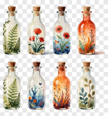 Colorful Bottles With Floral And Botanical Designs PNG