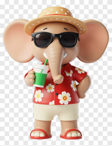 Cartoon Elephant In Summer Outfit Holding A Drink PNG
