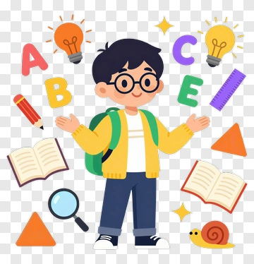 Cartoon Student Surrounded By Learning Materials PNG