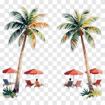 Tropical Beach Scene With Palm Trees And Beach Chairs PNG