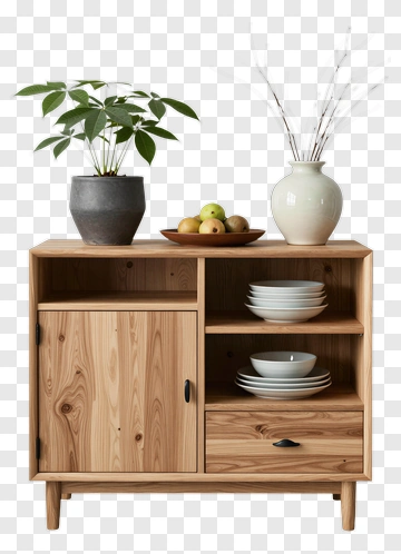 Wooden Sideboard With Plants And Dishware PNG