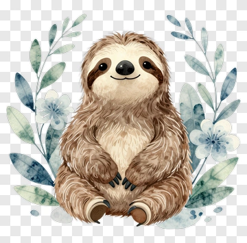 Cute Sloth Surrounded By Leaves And Flowers PNG