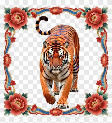 Tiger Surrounded By Floral Frame PNG