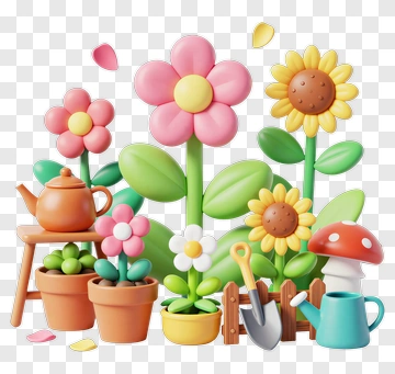 Colorful Flower Pot Arrangement With Gardening Tools PNG
