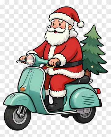 Santa Claus Riding A Scooter With A Christmas Tree PNG