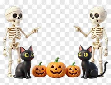 Halloween Skeletons With Black Cats And Pumpkins PNG