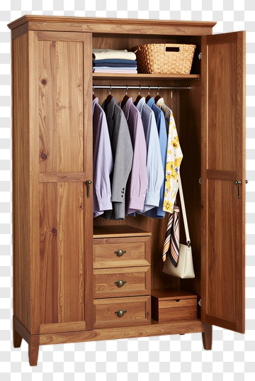Wooden Wardrobe With Clothes And Accessories PNG