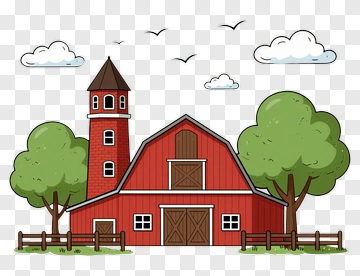 Cartoon Red Barn With Trees PNG
