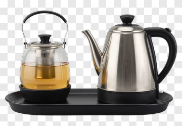 Tea Kettle And Glass Teapot On A Tray PNG