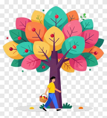 Colorful Tree With A Boy Carrying A Basket Of Apples PNG