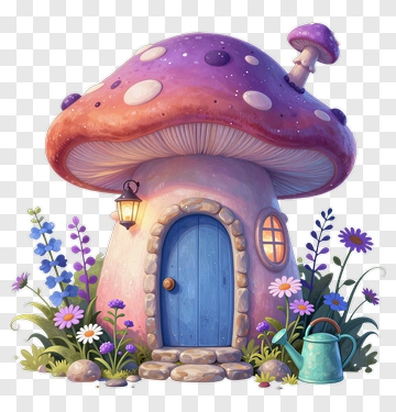 Colorful Mushroom House With Flowers PNG
