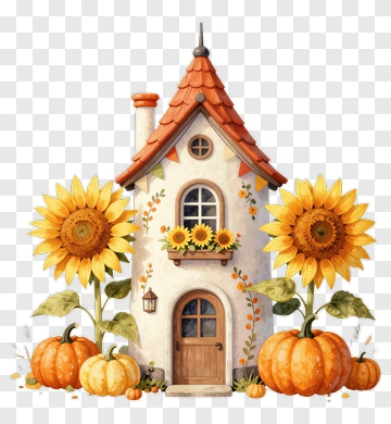 Colorful House Surrounded By Sunflowers And Pumpkins PNG