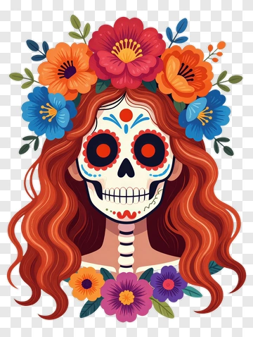 Colorful Sugar Skull With Floral Crown PNG
