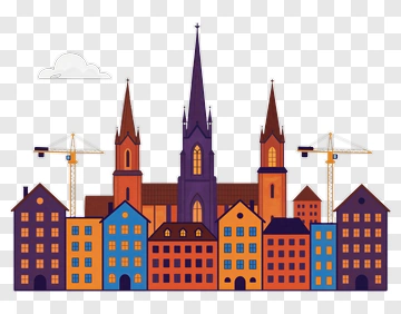 Colorful Cityscape With Church And Construction Cranes PNG