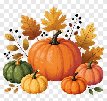 Colorful Pumpkin Arrangement With Autumn Leaves PNG