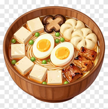 Delicious Noodle Bowl With Tofu And Eggs PNG