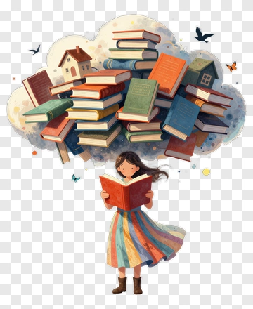 Girl Reading A Book With Floating Books Above Her PNG