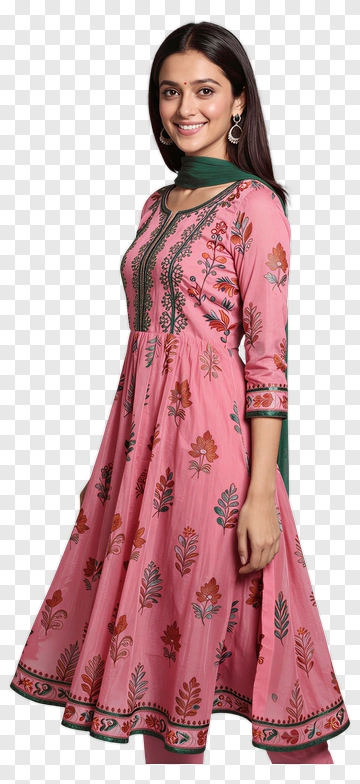 Woman In Pink Floral Dress With Green Scarf PNG