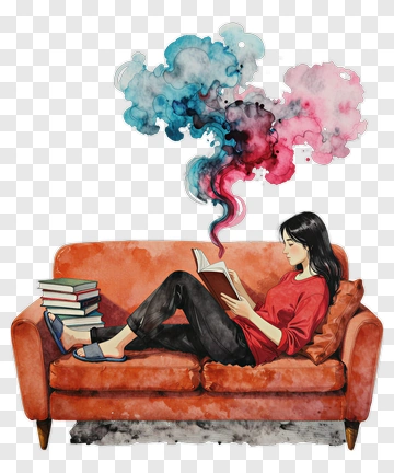 Woman Reading On A Couch With Colorful Thoughts PNG